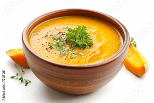 Delicious pumpkin cream soup in bowl on white background