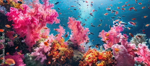 Colorful marine life  including red and pink soft corals  captured in underwater photography of coral reefs during scuba diving.