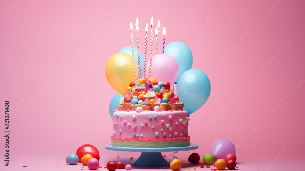 Colorful celebration: vibrant birthday cake with balloons on pink background