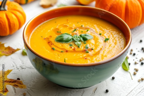 Delicious pumpkin cream soup in bowl on white background photo