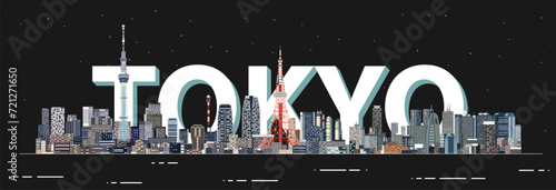 Tokyo at night skyline vector illustration with the big letters on the background
