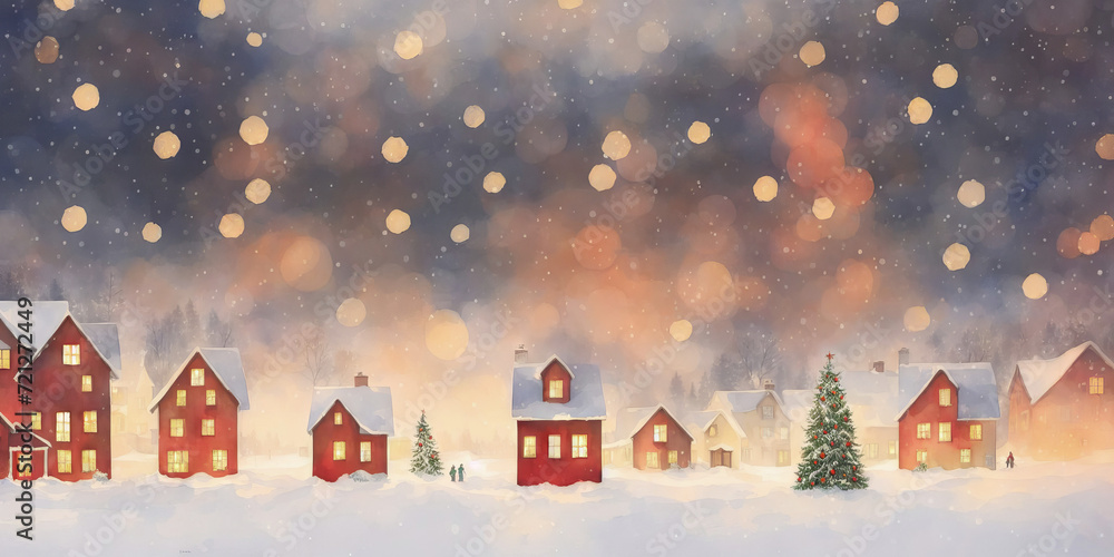 Small Christmas houses in snowy winter, falling snowflakes. Watercolor drawing, generative ai.