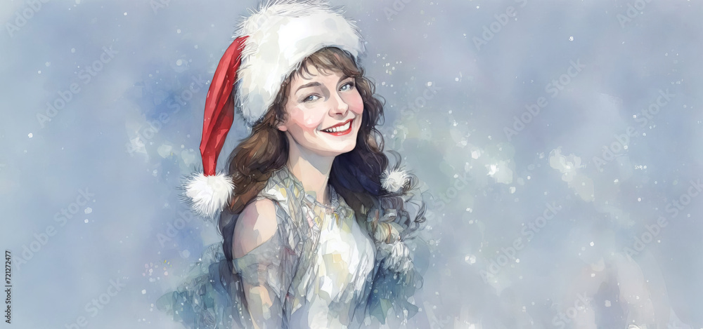 Christmas girl santa claus in a red cap. Watercolor drawing, generative ai. Christmas girl santa claus in a red cap. Watercolor drawing, generative ai.