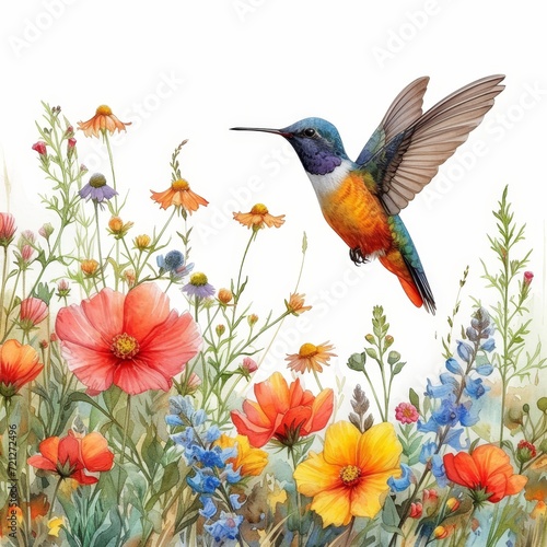 Watercolor Painting of Vibrant Flower Field and Hummingbird Generative AI © Alex