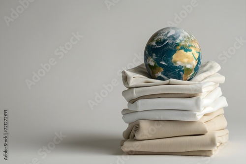 Fototapeta Naklejka Na Ścianę i Meble -  Clothes and planet earth on a white background, conscious lifestyle, green eco-friendly fashion