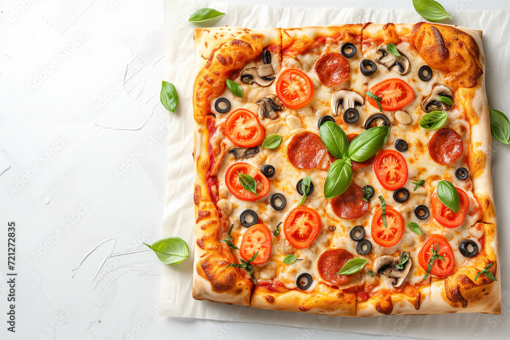 A square pizza on a white background, flat lay. A square pizza on a white background, flat lay.