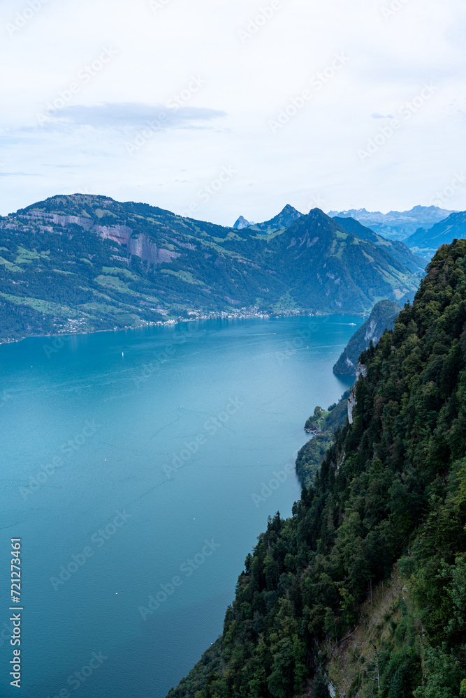View of the blue Vierwaldstätter Lake in Switzerland from above on a sunny day 