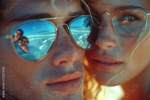 A close-up of a couple's reflection in a heart-shaped sunglasses lens