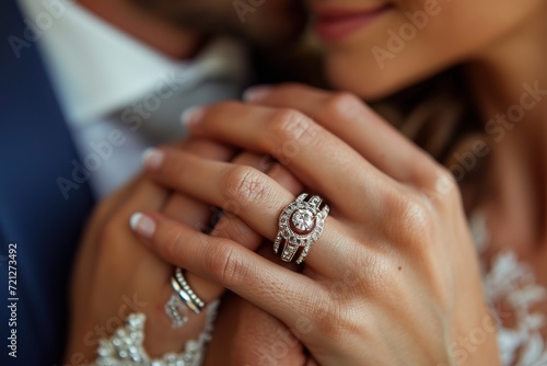 A close-up of a couple's intertwined fingers with wedding rings
