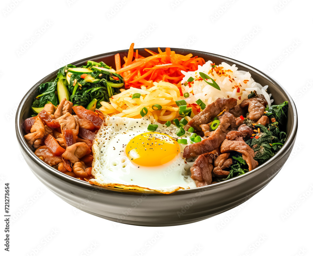 Bibimbap in a black bowl, a dish made of rice, vegetables, meat, and eggs. The ingredients are served separately and then mixed before consumption. isolated on a transparent background
