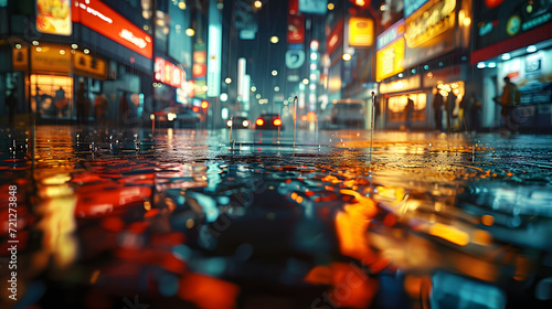 Wet asphalt, which reflects bright advertising signs, creates a hypnotizing city landscape