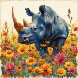 Respectful Rhinoceros in Colorful Flower Field Generative AI