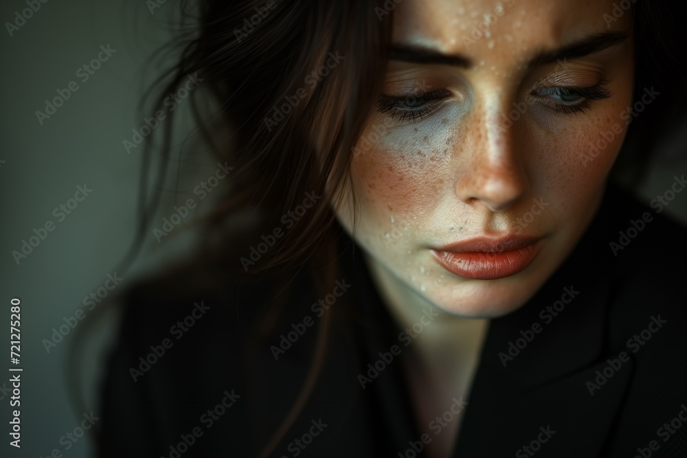 Close-up portrait of a woman The face shows sorrow shock distress sad and suffering emotional. Generated AI Close-up portrait of a woman The face shows sorrow shock distress sad and suffering emotional. Generated AI