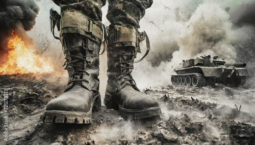 military boots in the middle of a war, an environment of catastrophe photo