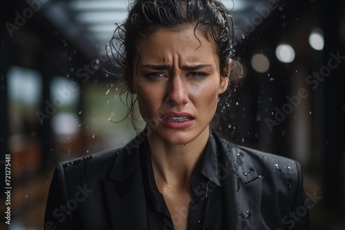 Close-up portrait of a woman The face shows sorrow shock distress sad and suffering emotional. Generated AI