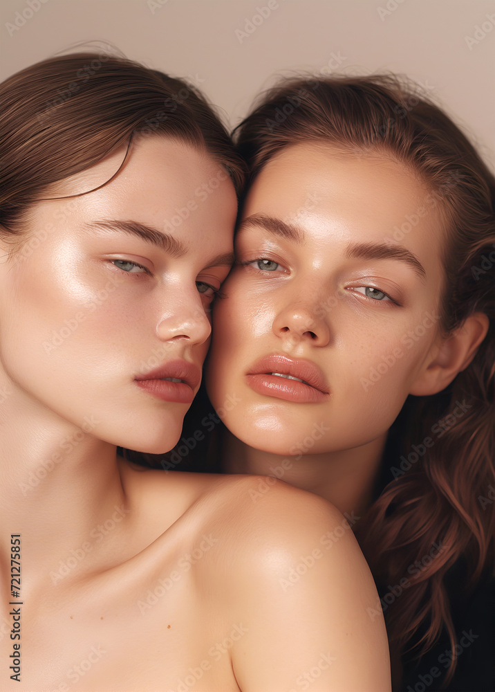 Fashion Concept. Closeup portrait of two girls in natural makeup glow look with beautiful sun kissed organic dewy skin. illuminated with dynamic composition light, copy text space Fashion Concept. Closeup portrait of two girls in natural makeup glow look with beautiful sun kissed organic dewy skin. illuminated with dynamic composition light, copy text space
