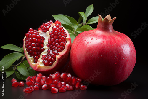 Realistic pomegranate photos. Fresh pomegranates with realistic lighting. Red pomegranates on a red and black background. Whole pomegranate and split pomegranate seeds. 3D pomegranate rendering.