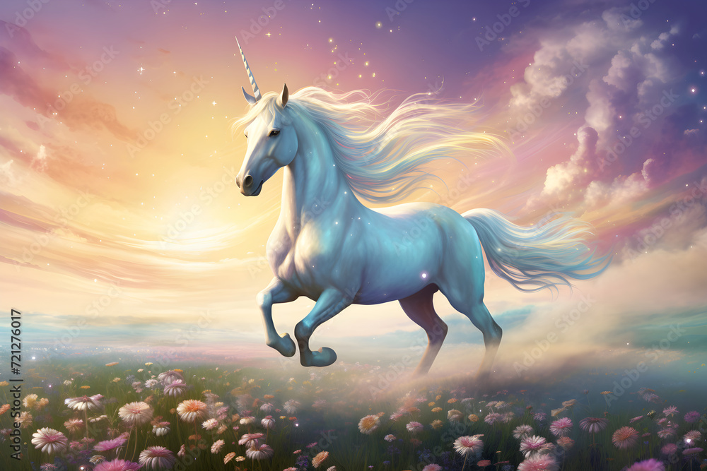 Spellbinding Illustration of a Mystical Unicorn Galloping across Pastel-colored Meadow under a Vibrant Blue Sky