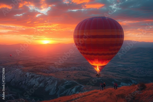A couple enjoying a scenic hot air balloon ride during sunset