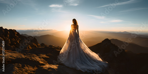 Bride on a Serene Lakeside Shore with the Sun Setting