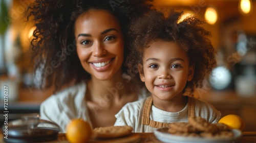 Happy African American family  Mother and little son eat cookies with milk for breakfast at home  generative ai.