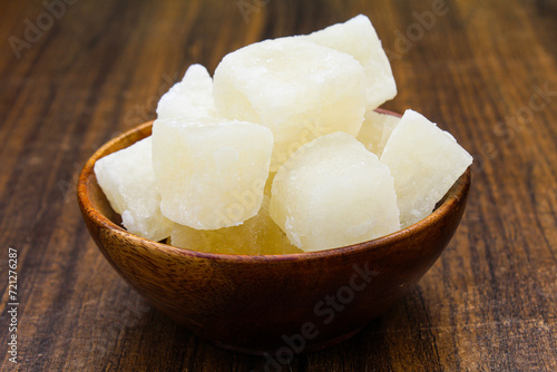 Indian sweet petha or Agra petha in a wooden bowl side view 