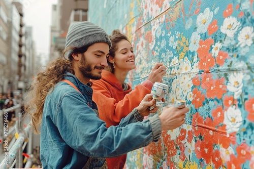A couple painting a mural together with love-themed imagery