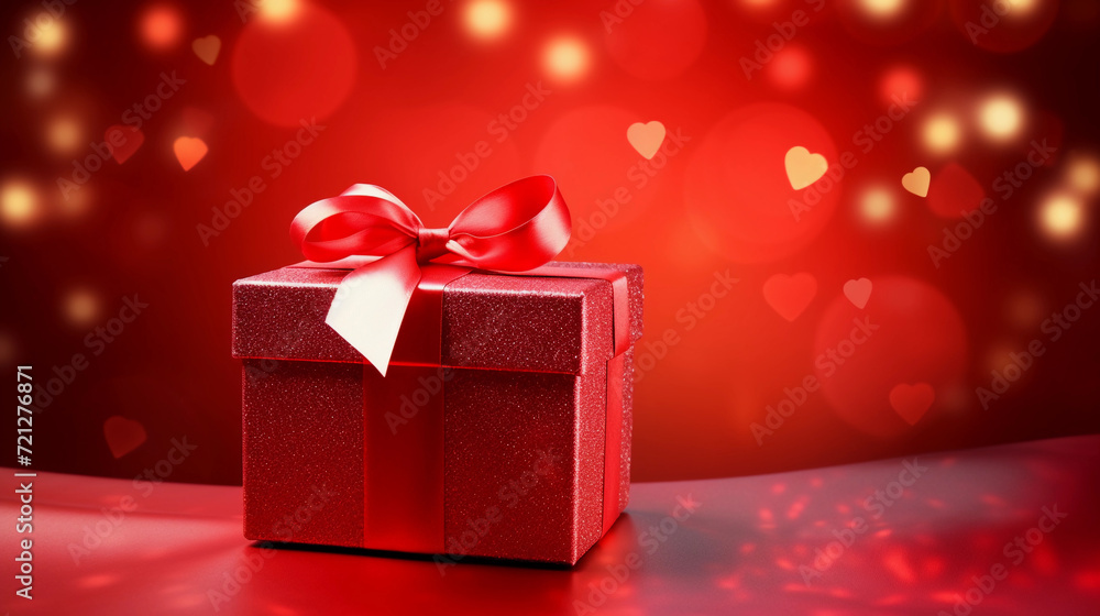 Red gift box with satin ribbon on glowing red background with heart-shaped bokeh lights Red gift box with satin ribbon on glowing red background with heart-shaped bokeh lights