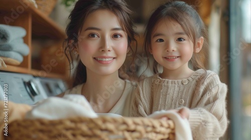 asian woman sitting in front of a washing machine handing cloth from a basket to her cute daughter to smell after cleaning it in a laundry room at home ,generative ai