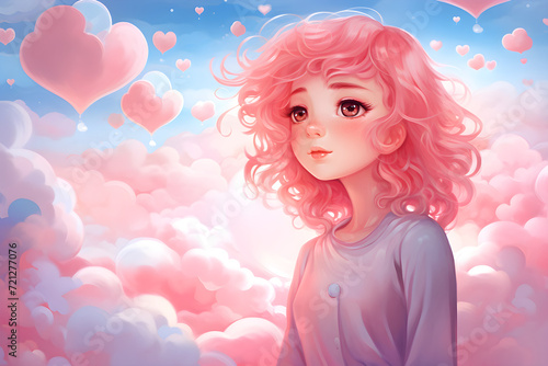 Cute girl cupid, angel or amur with pink hair on cloudy sky with hearts. Romantic character for Valentine's day 