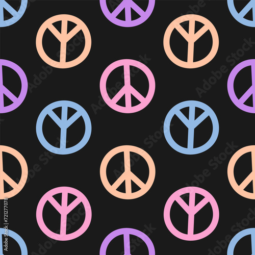 Seamless pattern with colorful peace symbols and black background