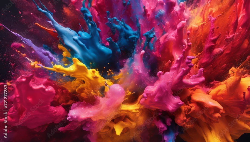 Colorful splash of paint in a pink, yellow, blue and orange background
