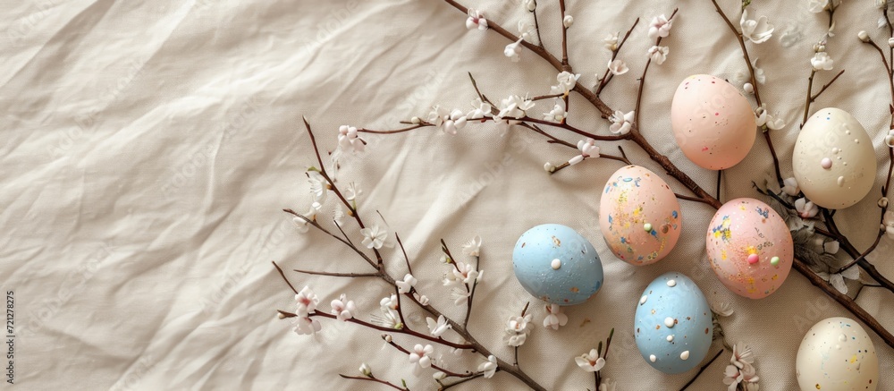 Pastel colored cardboard and branch Easter decorations on linen tablecloth.