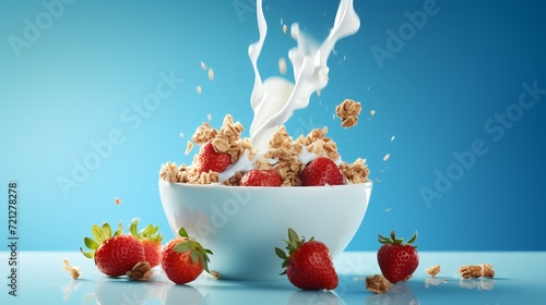 Yogurt being poured into a bowl of strawberrie

 photo