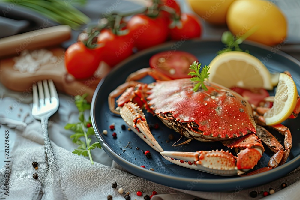 Crab on a plate with tomatoes and lemon Crab on a plate with tomatoes and lemon