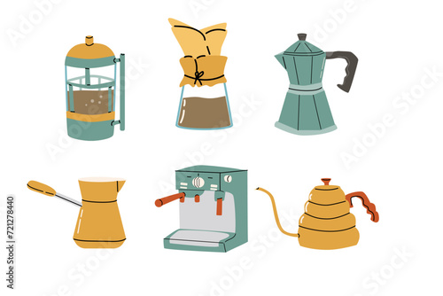 Set of coffee brewing equipment pots and machine. Vector illustration of Hand drawn coffee makers, machine, kettle. 