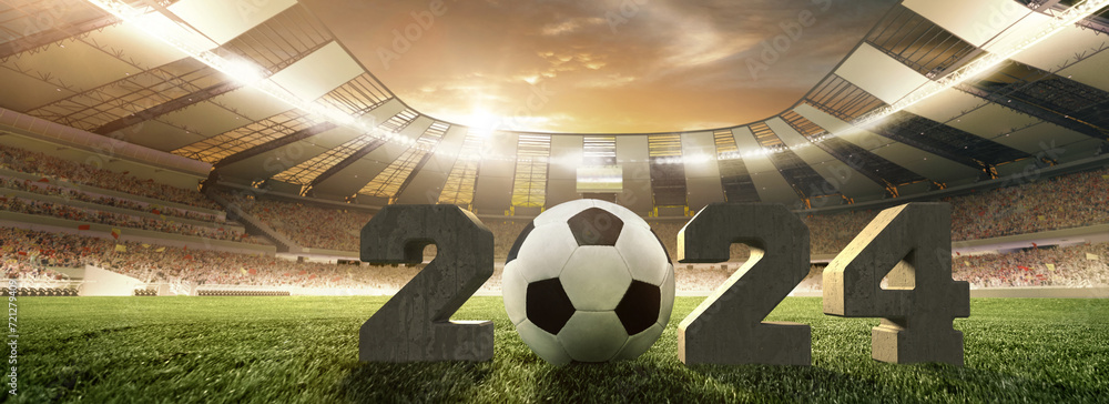 Wide-angle shot of 3D soccer stadium with concrete numbers 2024 and soccer ball. Upcoming football match. Concept of sport, championship, game, competition, tournament. Poster for football events - obrazy, fototapety, plakaty 
