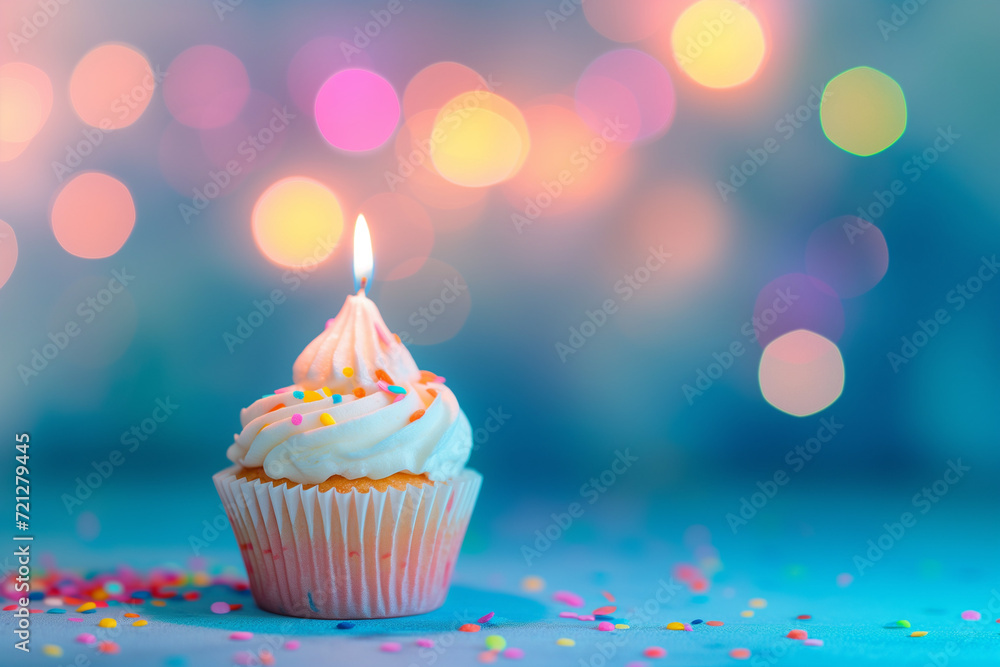 Birthday cupcake on a light background. Tempting dessert for celebrations. Perfect image to showcase sweet treats and create an appetizing visual for birthday-related content.