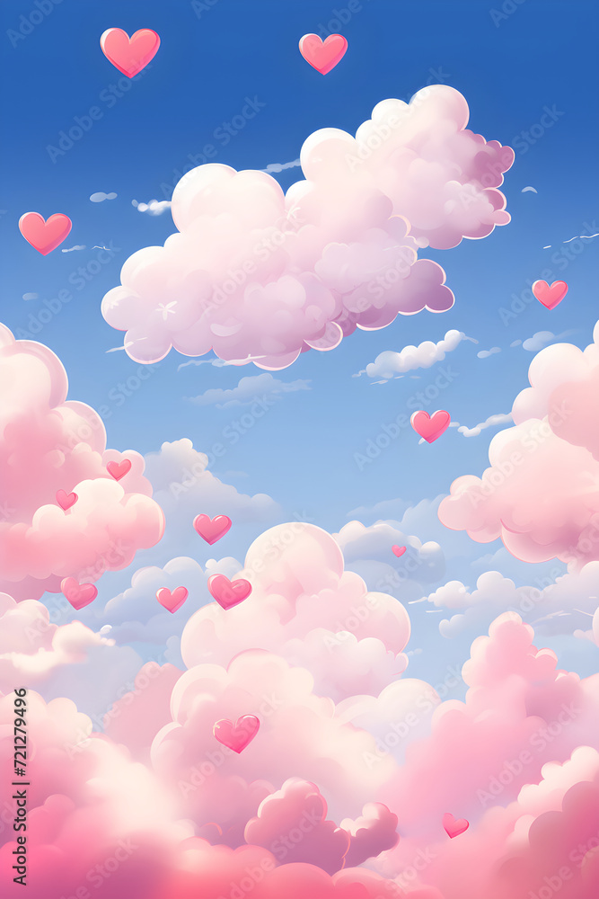 Pink hearts on cloudy sky. Love, Valentine day, wedding concept. Abstract romantic background for design greeting card, print, poster Pink hearts on cloudy sky. Love, Valentine day, wedding concept. Abstract romantic background for design greeting card, print, poster