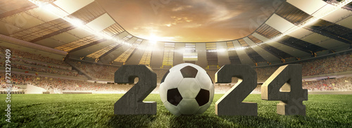 Wide-angle shot of 3D soccer stadium with concrete numbers 2024 and soccer ball. Upcoming football match. Concept of sport, championship, game, competition, tournament. Poster for football events