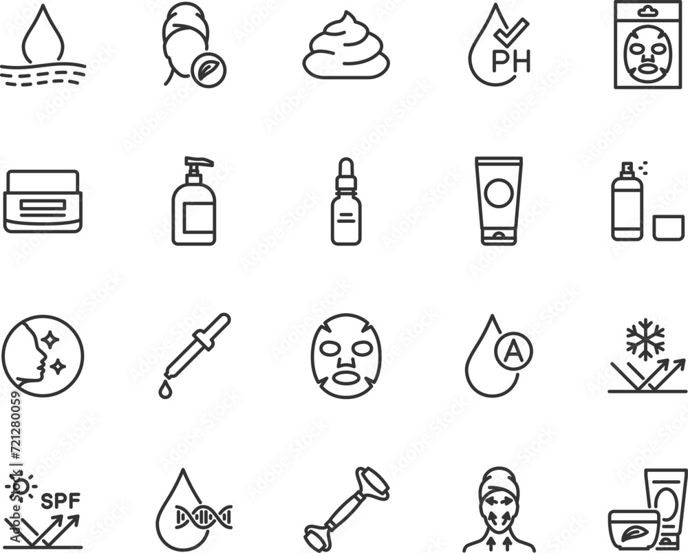 Vector set of skin care line icons. Contains icons cosmetic mask, collagen, ph balance, moisturizer, serum, retinol, spf, facial roller and more. Pixel perfect. Vector set of skin care line icons. Contains icons cosmetic mask, collagen, ph balance, moisturizer, serum, retinol, spf, facial roller and more. Pixel perfect.