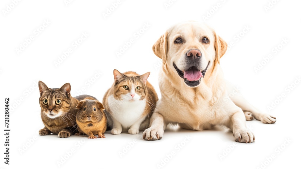 Two cats, labrador retriever and guinea pig isolated on white background. Pets as an advertisement for a veterinary clinic. Two cats, labrador retriever and guinea pig isolated on white background. Pets as an advertisement for a veterinary clinic.