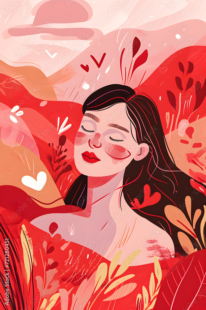 Abstract woman with flowers, leaves and hearts. Beauty, health, personal care. Love yourself concept. Contemporary illustration for design, poster, card for Women's, Valentine's and Mother's day