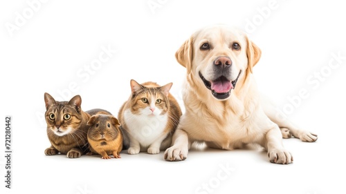 Two cats  labrador retriever and guinea pig isolated on white background. Pets as an advertisement for a veterinary clinic.