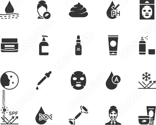 Vector set of skin care flat icons. Contains icons cosmetic mask, collagen, ph balance, moisturizer, serum, retinol, spf, facial roller and more. Pixel perfect.