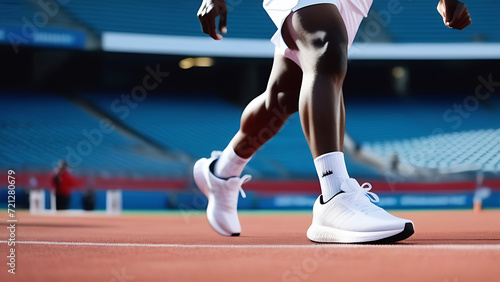 Afroamerican sportsman running in white trainers in the stadium, running sport, closeup