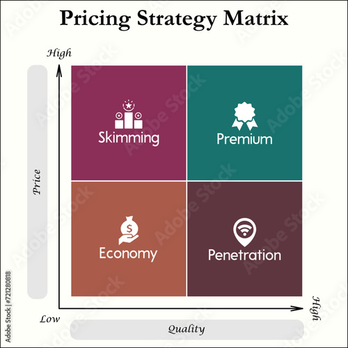 Pricing Strategy Matrix - Skimming, Premium, Economy, Penetration. Matrix Infographic template with icons