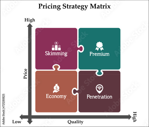 Pricing Strategy Matrix - Skimming, Premium, Economy, Penetration. Matrix Infographic template with icons