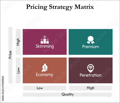 Pricing Strategy Matrix - Skimming, Premium, Economy, Penetration. Matrix Infographic template with icons