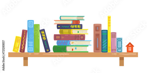 Bookshelf with colorful books. In cartoon style. Isolated on white background. Vector flat illustration